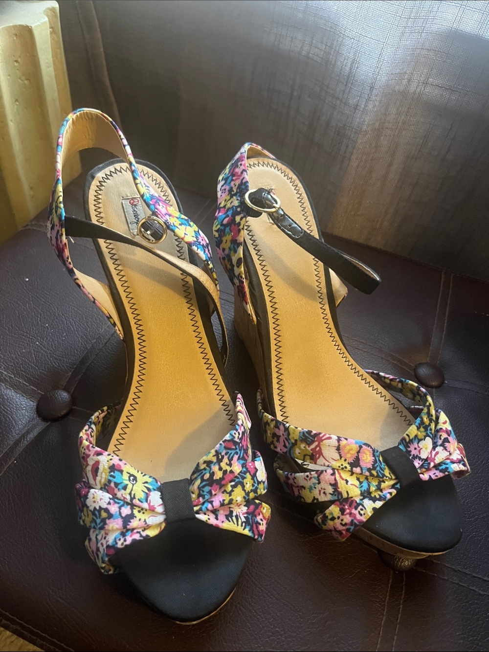 Floral Multicolor Bow Slingback Wedge Sandals